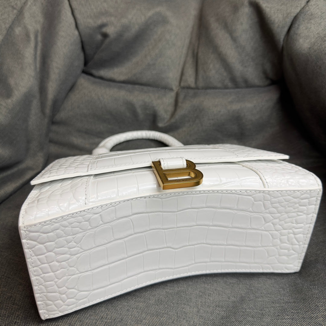 White gold button crocodile patterned hourglass bag