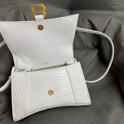 White gold button crocodile patterned hourglass bag