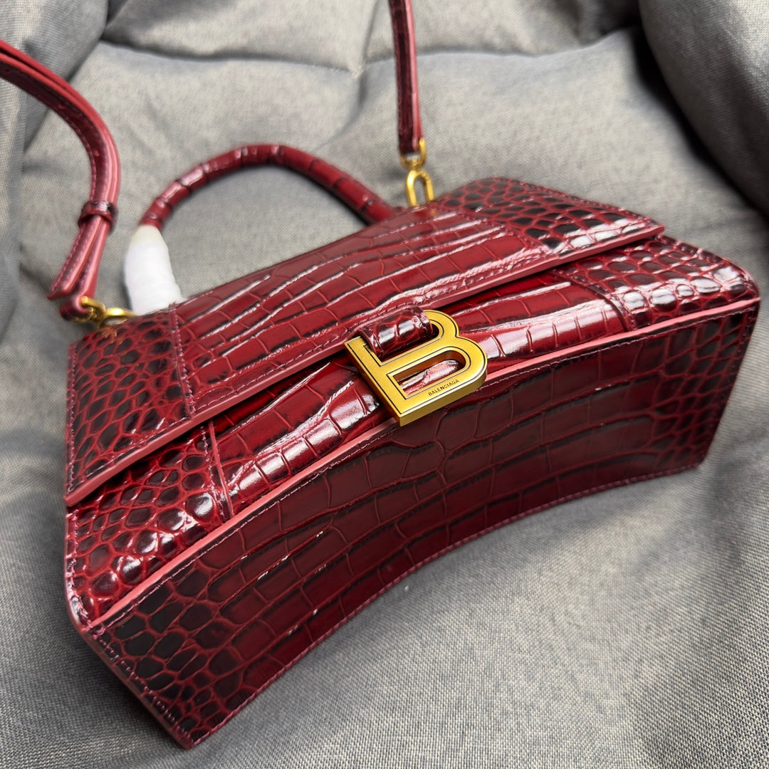 Wine Red Gold Button Crocodile Pattern Hourglass Bag