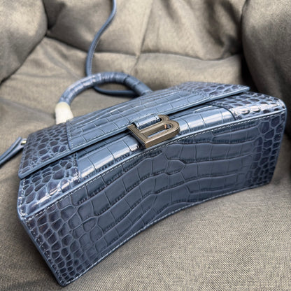 Grey Blue Silver Button Crocodile Pattern Hourglass Bag