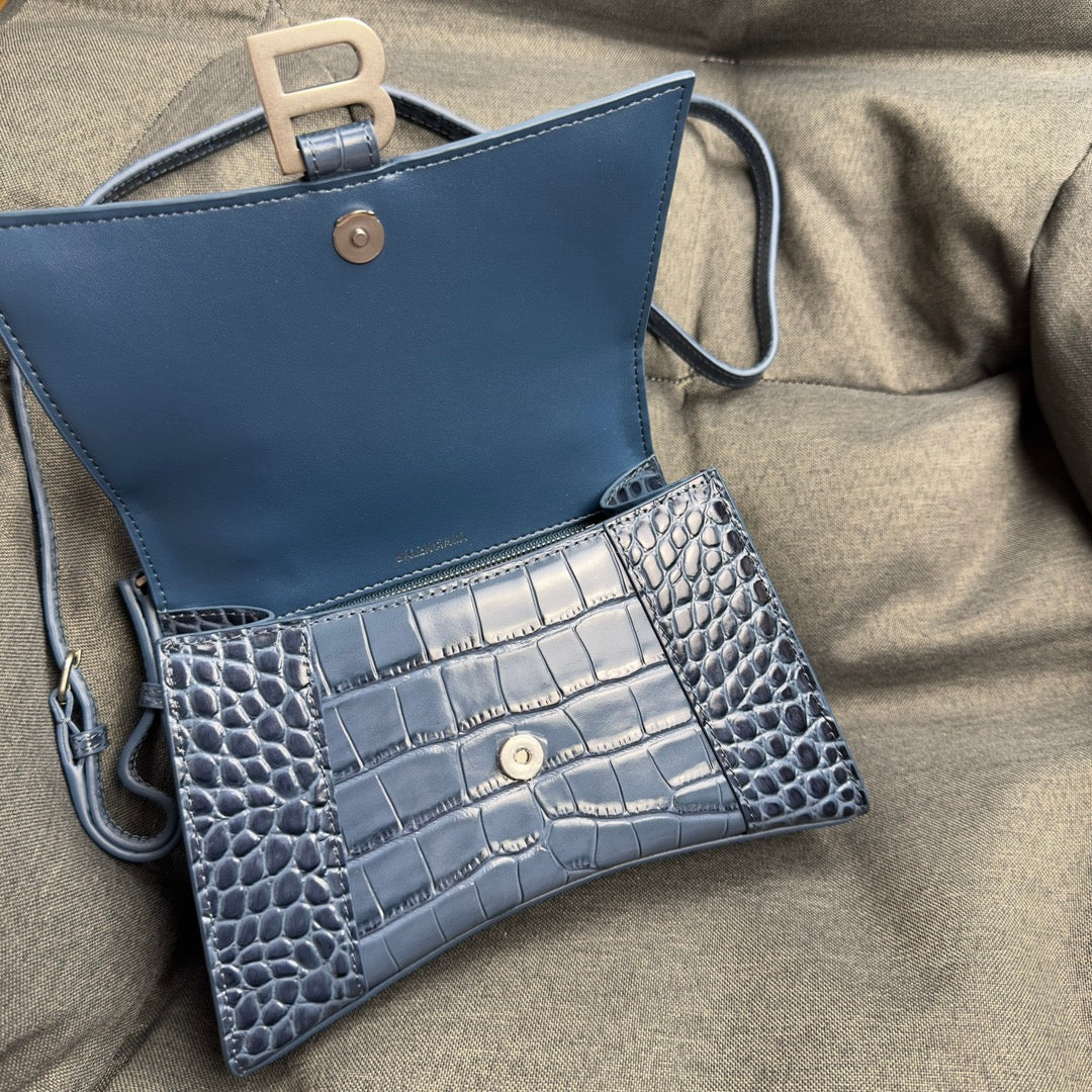 Grey Blue Silver Button Crocodile Pattern Hourglass Bag