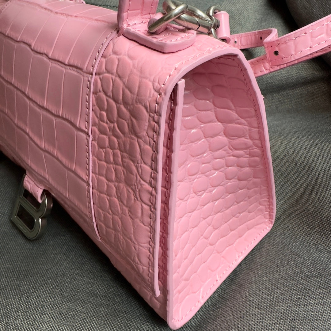 Light pink silver button crocodile patterned hourglass bag