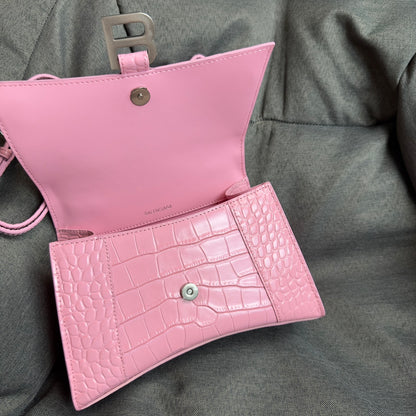 Light pink silver button crocodile patterned hourglass bag