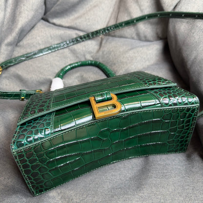 Black green gold button crocodile patterned hourglass bag