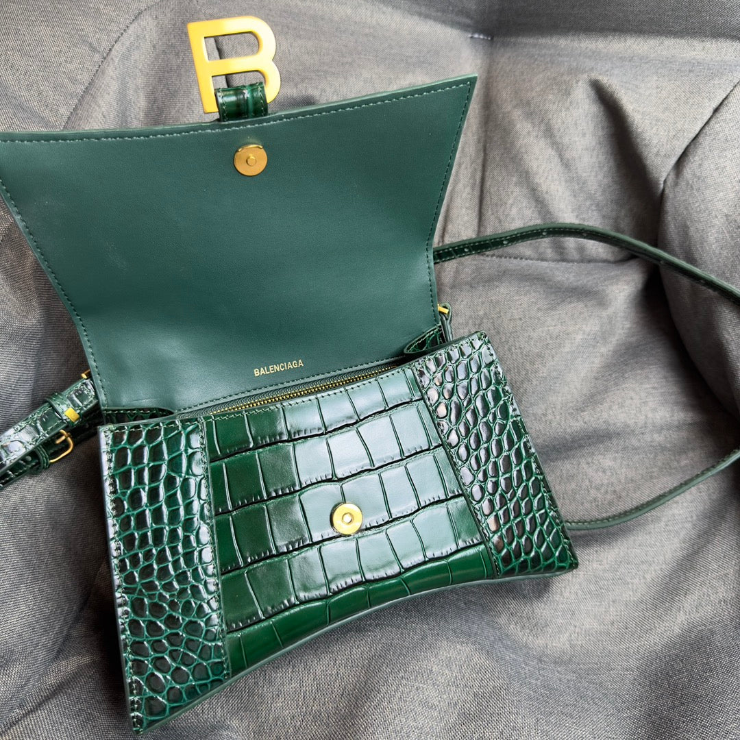 Black green gold button crocodile patterned hourglass bag