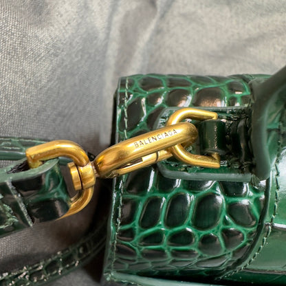 Black green gold button crocodile patterned hourglass bag