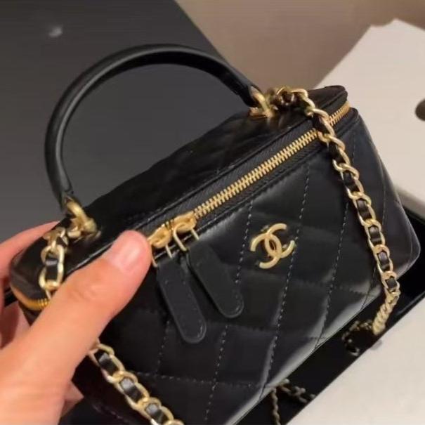 small diamond patterned gold buckle chain calf leather makeup bag box bag single shoulder crossbody bag black